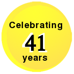 A yellow circle with the words "Celebrating 41 Years" in it