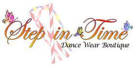 A colorful logo for Step In Time Dancewear Boutique