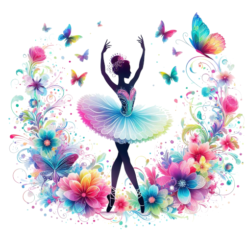 A illustration of a ballerina surrounded by rainbow colored butterflies and flowers.